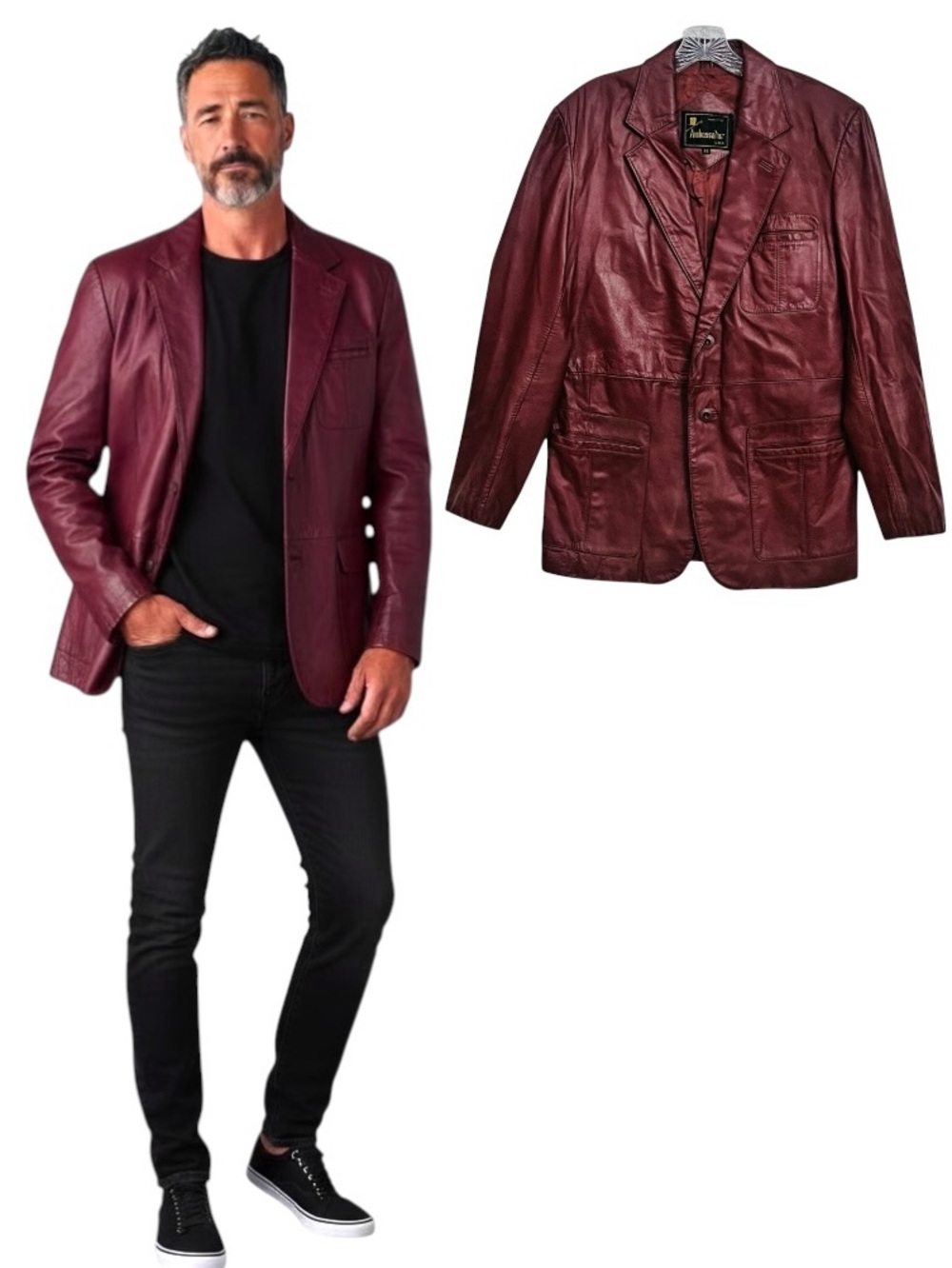 Vtg 70s Ambassador USA Burgundy Leather Jacket 2/Button Sport Coat/Blazer 42 USA